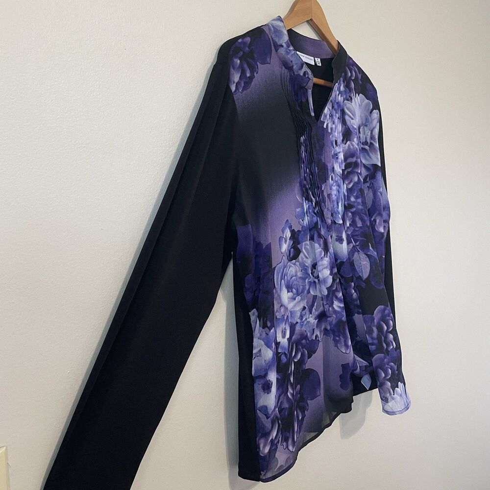 Susan Graver  Pintuck Sheer Popover Blouse XL Black Purple Floral Flowy Office - Picture 5 of 11